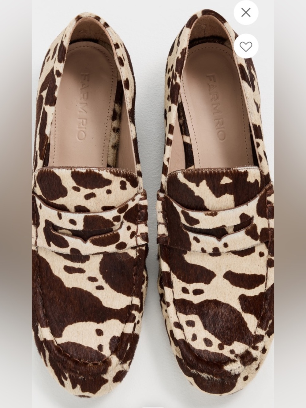 FARM Rio Monstera Heel Cow-Print Penny Loafers in Brown & Cream, NIB, Various - Picture 5 of 16